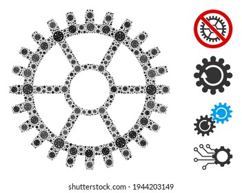 Mosaic clock wheel composed of coronavirus icons in variable sizes and color hues. Vector infection icons are grouped into abstract mosaic clock wheel icon. Some bonus icons are added.