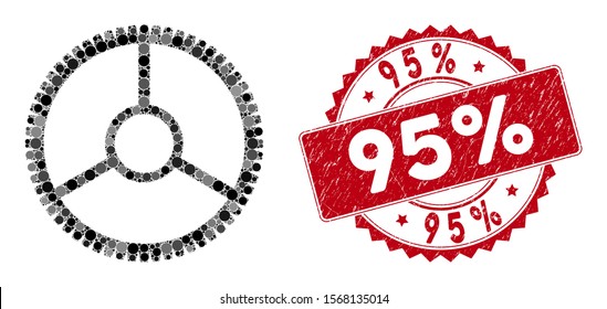 Mosaic clock wheel and rubber stamp seal with 95% caption. Mosaic vector is composed with clock wheel icon and with scattered round elements. 95% stamp seal uses red color, and grunge surface.