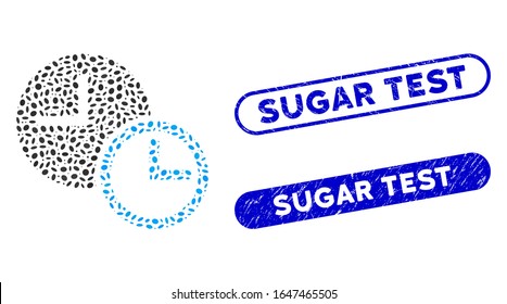 Mosaic clocks and grunge stamp seals with Sugar Test caption. Mosaic vector clocks is designed with random ellipse dots. Sugar Test stamp seals use blue color, and have round rectangle shape.