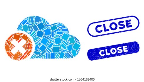 Mosaic close cloud and grunge stamp seals with Close phrase. Mosaic vector close cloud is formed with randomized rectangles. Close stamp seals use blue color, and have round rectangle shape.