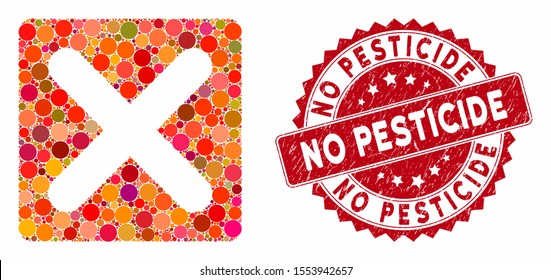 Mosaic close and distressed stamp seal with No Pesticide caption. Mosaic vector is composed from close icon and with randomized round elements. No Pesticide stamp seal uses red color,