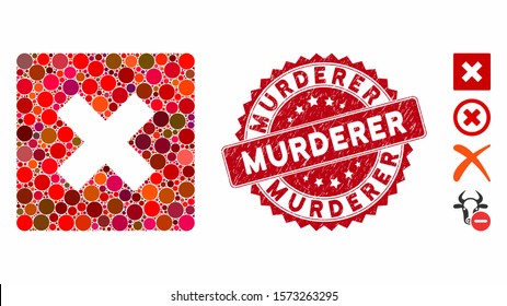 Mosaic close icon and grunge stamp seal with Murderer text. Mosaic vector is composed with close icon and with randomized circle elements. Murderer stamp seal uses red color, and grunge texture.