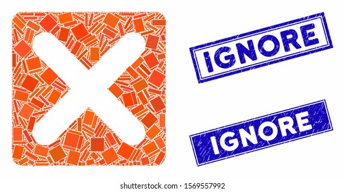 Mosaic close icon and rectangle watermarks. Flat vector close mosaic icon of randomized rotated rectangle items. Blue caption watermarks with scratched texture.