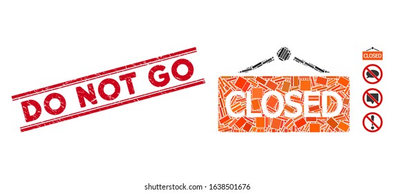 Mosaic closed announce icon and red Do Not Go stamp between double parallel lines. Flat vector closed announce mosaic icon of random rotated rectangular elements.