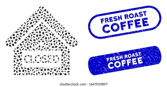 Mosaic closed office and grunge stamp seals with Fresh Roast Coffee caption. Mosaic vector closed office is formed with scattered ellipse parts. Fresh Roast Coffee stamp seals use blue color,