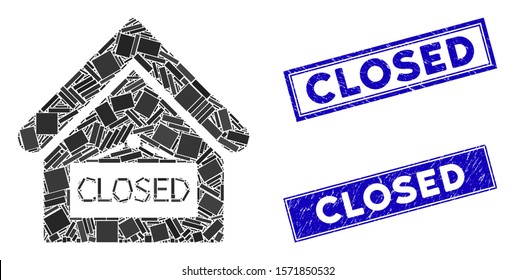 Mosaic closed office pictogram and rectangular Closed rubber prints. Flat vector closed office mosaic pictogram of random rotated rectangular elements. Blue Closed seals with grunge textures.