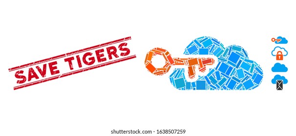 Mosaic cloud access icon and red Save Tigers seal stamp between double parallel lines. Flat vector cloud access mosaic icon of randomized rotated rectangle elements.