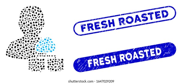 Mosaic cloud administrator and distressed stamp seals with Fresh Roasted caption. Mosaic vector cloud administrator is designed with scattered elliptic parts. Fresh Roasted stamp seals use blue color,