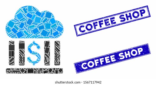 Mosaic cloud bank pictogram and rectangle seals. Flat vector cloud bank mosaic pictogram of random rotated rectangle elements. Blue caption rubber seals with rubber textures.