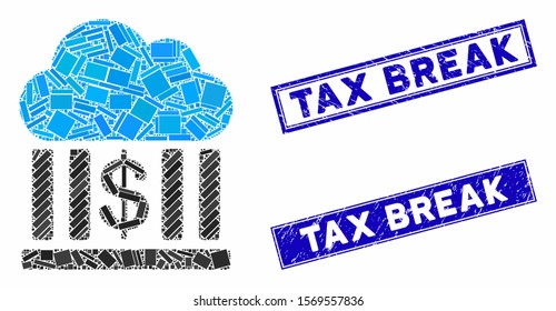 Mosaic cloud bank pictogram and rectangular watermarks. Flat vector cloud bank mosaic pictogram of scattered rotated rectangular items. Blue caption rubber stamps with rubber texture.