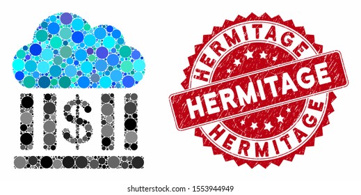 Mosaic cloud bank and rubber stamp seal with Hermitage phrase. Mosaic vector is designed with cloud bank icon and with scattered circle spots. Hermitage stamp seal uses red color, and dirty texture.