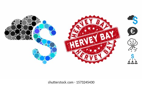 Mosaic cloud banking icon and distressed stamp seal with Hervey Bay phrase. Mosaic vector is designed with cloud banking icon and with randomized circle elements. Hervey Bay stamp seal uses red color,