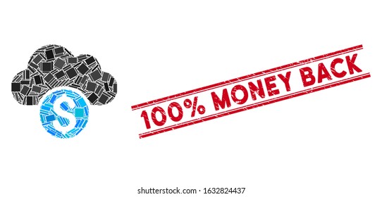 Mosaic cloud banking pictogram and red 100% Money Back seal between double parallel lines. Flat vector cloud banking mosaic pictogram of randomized rotated rectangle elements.