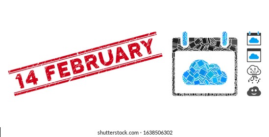 Mosaic cloud calendar day icon and red 14 February seal stamp between double parallel lines. Flat vector cloud calendar day mosaic icon of randomized rotated rectangular elements.