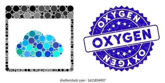 Mosaic cloud calendar page icon and corroded stamp seal with Oxygen caption. Mosaic vector is designed with cloud calendar page icon and with scattered circle elements.