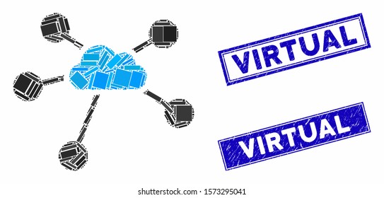 Mosaic cloud connections pictogram and rectangle Virtual rubber prints. Flat vector cloud connections mosaic pictogram of randomized rotated rectangle elements.