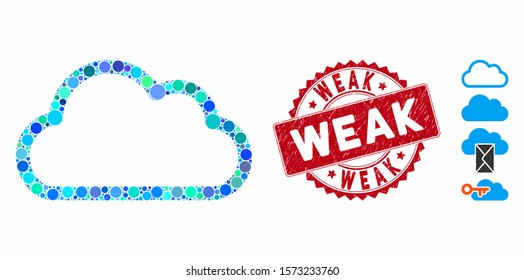 Mosaic cloud contour icon and distressed stamp seal with Weak text. Mosaic vector is designed with cloud contour icon and with randomized spheric items. Weak stamp uses red color,