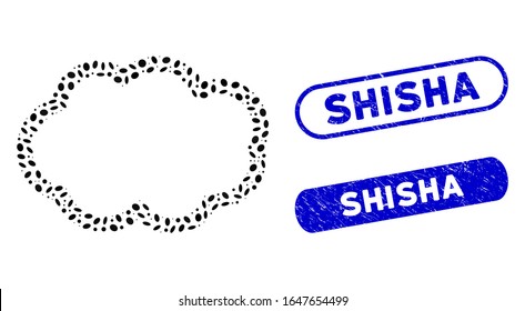 Nubes mosaicas y sellos corroídos con texto Shisha. La nube vectorial mosaica está diseñada con elementos de elipse dispersos. Los sellos de sello Shisha utilizan un color azul y tienen forma rectangular redonda.