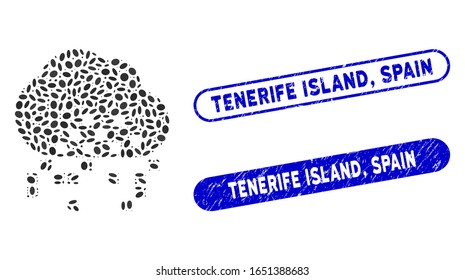 Disipación de nubes mosaicas y sellos de estampado con Tenerife Island, España frase. La disipación de nubes vectoriales mosaicas se compone de elementos elípticos aleatorios. Isla de Tenerife,