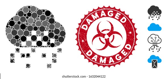 Mosaic cloud dissipation icon and corroded stamp watermark with Damaged phrase and biohazard symbol. Mosaic vector is created with cloud dissipation icon and with scattered circle spots.