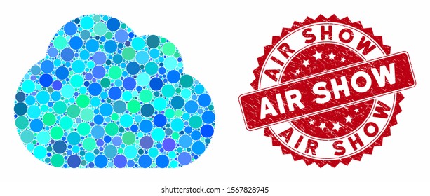 Mosaic cloud and distressed stamp seal with Air Show phrase. Mosaic vector is designed with cloud icon and with random round elements. Air Show stamp seal uses red color, and distress design.