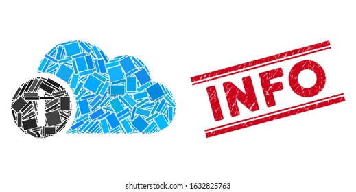 Mosaic cloud info pictogram and red Info rubber print between double parallel lines. Flat vector cloud info mosaic icon of randomized rotated rectangular items.