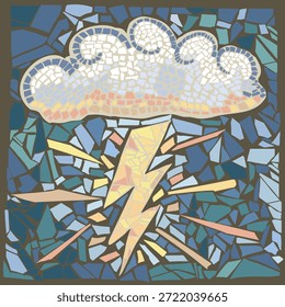 Mosaico con una nube y un rayo. Dibujado a mano y colocado piezas de azulejos. Colores pastel, frescos y originales. Vector.