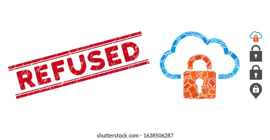 Mosaic cloud locked icon and red Refused rubber print between double parallel lines. Flat vector cloud locked mosaic icon of scattered rotated rectangle items.