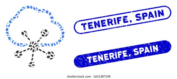 Mosaic cloud network and corroded stamp seals with Tenerife, Spain text. Mosaic vector cloud network is formed with scattered oval items. Tenerife, Spain stamp seals use blue color,