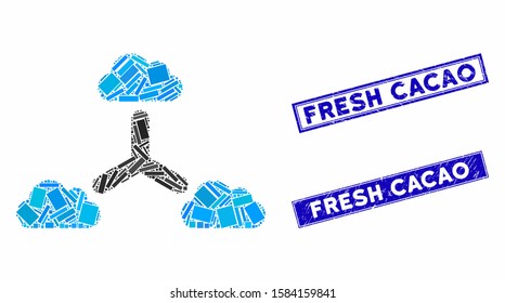 Mosaic cloud network icon and rectangular Fresh Cacao stamps. Flat vector cloud network mosaic icon of scattered rotated rectangle items. Blue Fresh Cacao seal stamps with scratched surface.