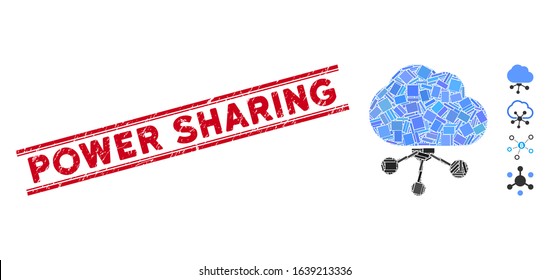 Mosaic cloud network icon and red Power Sharing stamp between double parallel lines. Flat vector cloud network mosaic icon of scattered rotated rectangular items.