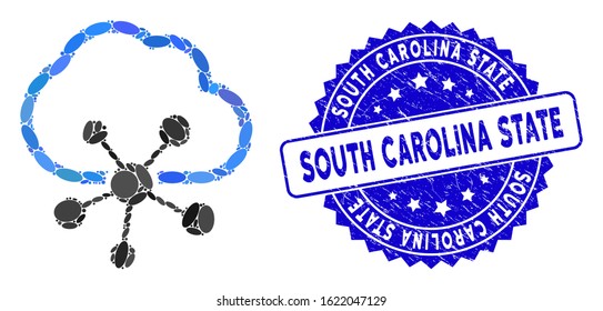 Mosaic cloud network icon and rubber stamp seal with South Carolina State caption. Mosaic vector is composed with cloud network icon and with scattered ellipse items.
