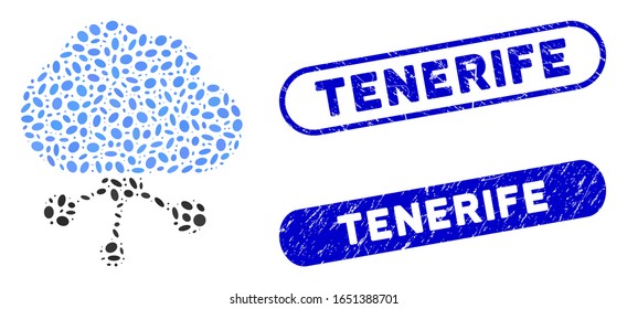 Mosaic cloud network and rubber stamp seals with Tenerife text. Mosaic vector cloud network is designed with randomized ellipse items. Tenerife stamp seals use blue color,