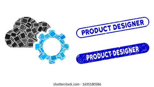 Mosaic cloud options gear and corroded stamp seals with Product Designer caption. Mosaic vector cloud options gear is formed with randomized rectangles. Product Designer stamp seals use blue color,