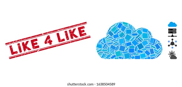 Mosaic cloud pictogram and red Like 4 Like stamp between double parallel lines. Flat vector cloud mosaic pictogram of randomized rotated rectangle elements.