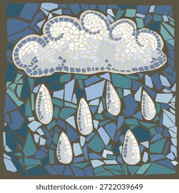 Mosaico com uma nuvem e rédeas gotas. Peças de ladrilhos desenhadas à mão e colocadas. Ilustração original. Vetor
