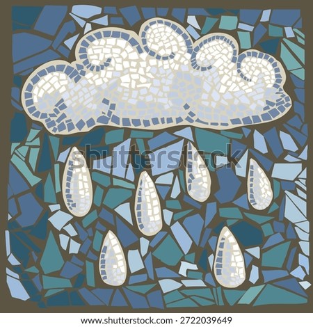 Mosaic with a cloud and rein drops. Hand drawn and placed pieces of tiles. Original illustration. Vector