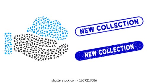 Mosaic cloud service hand and rubber stamp seals with New Collection phrase. Mosaic vector cloud service hand is composed with randomized ellipse pieces. New Collection stamp seals use blue color,