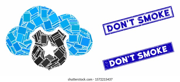 Mosaic cloud shield icon and rectangular Don'T Smoke watermarks. Flat vector cloud shield mosaic icon of scattered rotated rectangular elements. Blue Don'T Smoke watermarks with dirty texture.