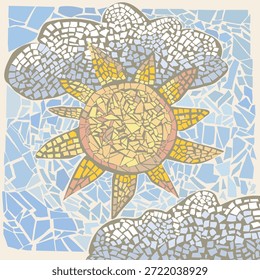 Mosaico con una nube y el sol. Dibujado a mano y colocado pedazos de teils. Interesante Ilustración vectorial.