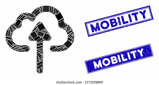 Mosaic cloud upload pictogram and rectangle Mobility seals. Flat vector cloud upload mosaic icon of random rotated rectangle elements. Blue Mobility rubber seals with distress texture.