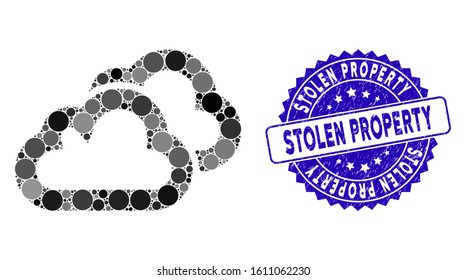 Mosaic clouds icon and rubber stamp watermark with Stolen Property caption. Mosaic vector is designed with clouds icon and with randomized circle items. Stolen Property stamp uses blue color,