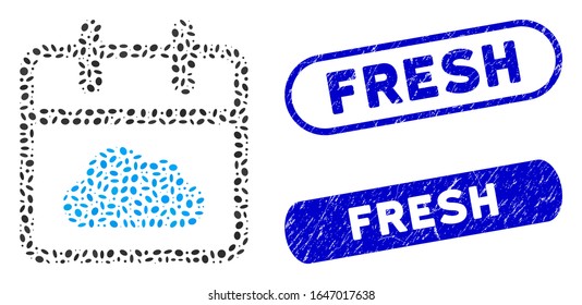 Mosaik bewölkt Tag und Gummi Siegel mit Fresh Text. Mosaik Vektorillustration bewölkt Tag ist mit zufälligen elliptischen Elementen zusammengesetzt. Frische Stempelsiegel verwenden blaue Farben und haben ein rundes Rechteck.