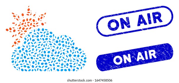Tiempo nublado mosaico y sellos corroídos con la leyenda On Air. El clima nublado vectorial mosaico se forma con elementos elípticos aleatorios. En los sellos del sello de aire se utiliza color azul,