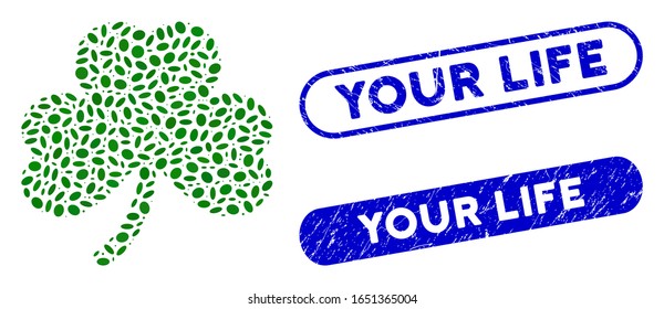 Mosaic clover leaf and grunge stamp seals with Your Life text. Mosaic vector clover leaf is composed with random elliptic dots. Your Life stamp seals use blue color, and have rounded rectangle shape.