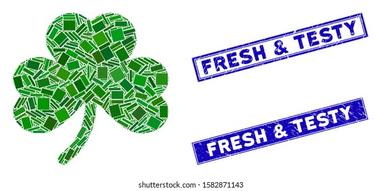 Mosaic clover leaf pictogram and rectangle Fresh & Testy seals. Flat vector clover leaf mosaic pictogram of scattered rotated rectangle items. Blue Fresh & Testy seals with grunged texture.