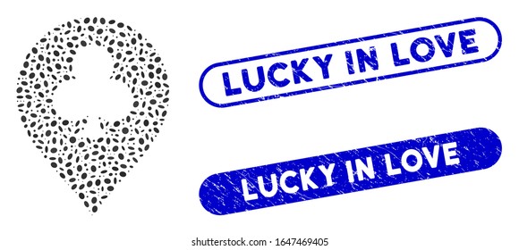 Mosaic clubs casino pointer and rubber stamp seals with Lucky in Love phrase. Mosaic vector clubs casino pointer is composed with randomized oval dots. Lucky in Love stamp seals use blue color,