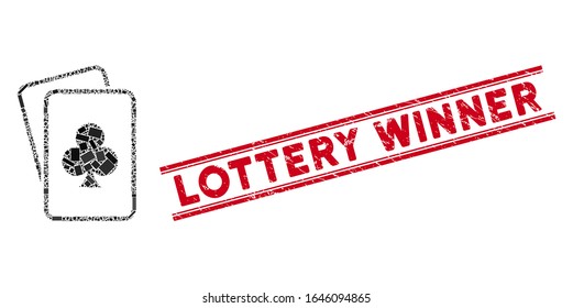 Mosaic clubs gambling cards pictogram and red Lottery Winner seal stamp between double parallel lines. Flat vector clubs gambling cards mosaic pictogram of scattered rotated rectangular items.