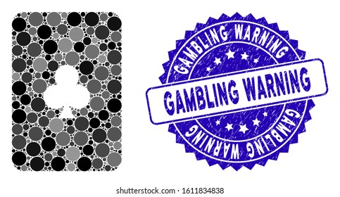 Mosaic clubs playing card icon and grunge stamp seal with Gambling Warning caption. Mosaic vector is created with clubs playing card icon and with randomized circle spots.