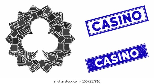 Mosaic clubs token icon and rectangular seals. Flat vector clubs token mosaic icon of randomized rotated rectangular elements. Blue caption seals with dirty surface.